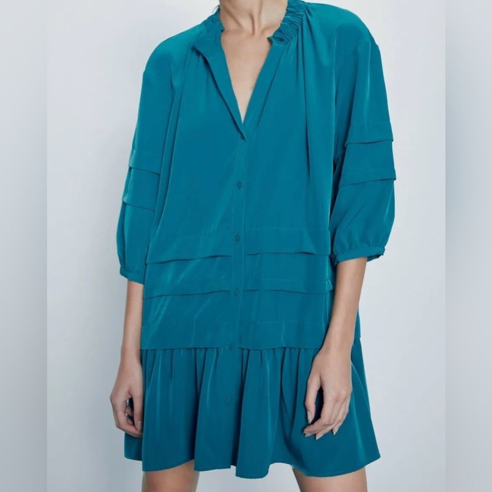 Zara 3/4 sleeve ruffled hem duck blue mini dress